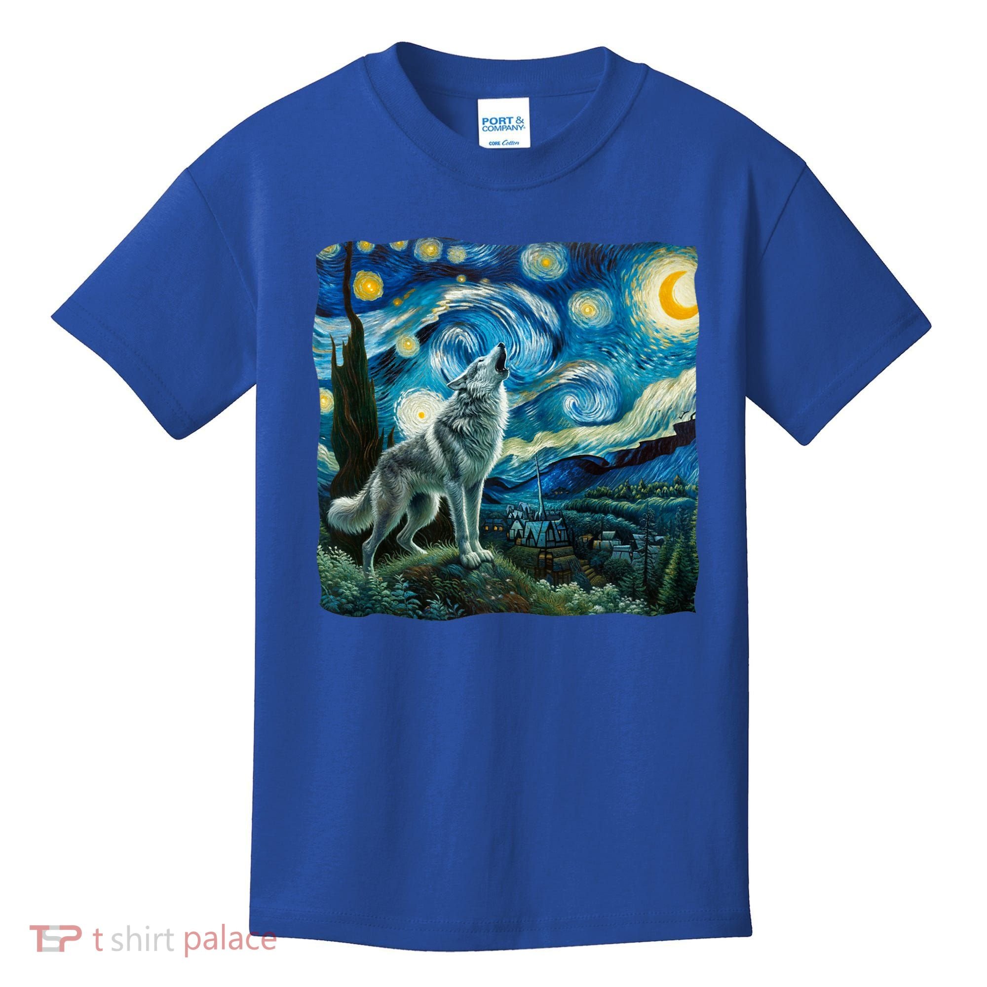 Wolf Starry Night Howling Moon Funny Gifts Van Gogh Kids T-Shirt