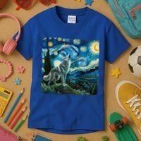 Wolf Starry Night Howling Moon Funny Gifts Van Gogh Kids T-Shirt thumb 3