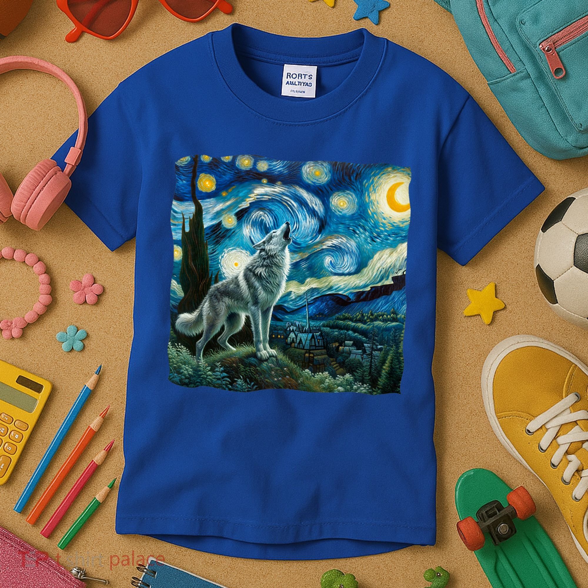 Wolf Starry Night Howling Moon Funny Gifts Van Gogh Kids T-Shirt