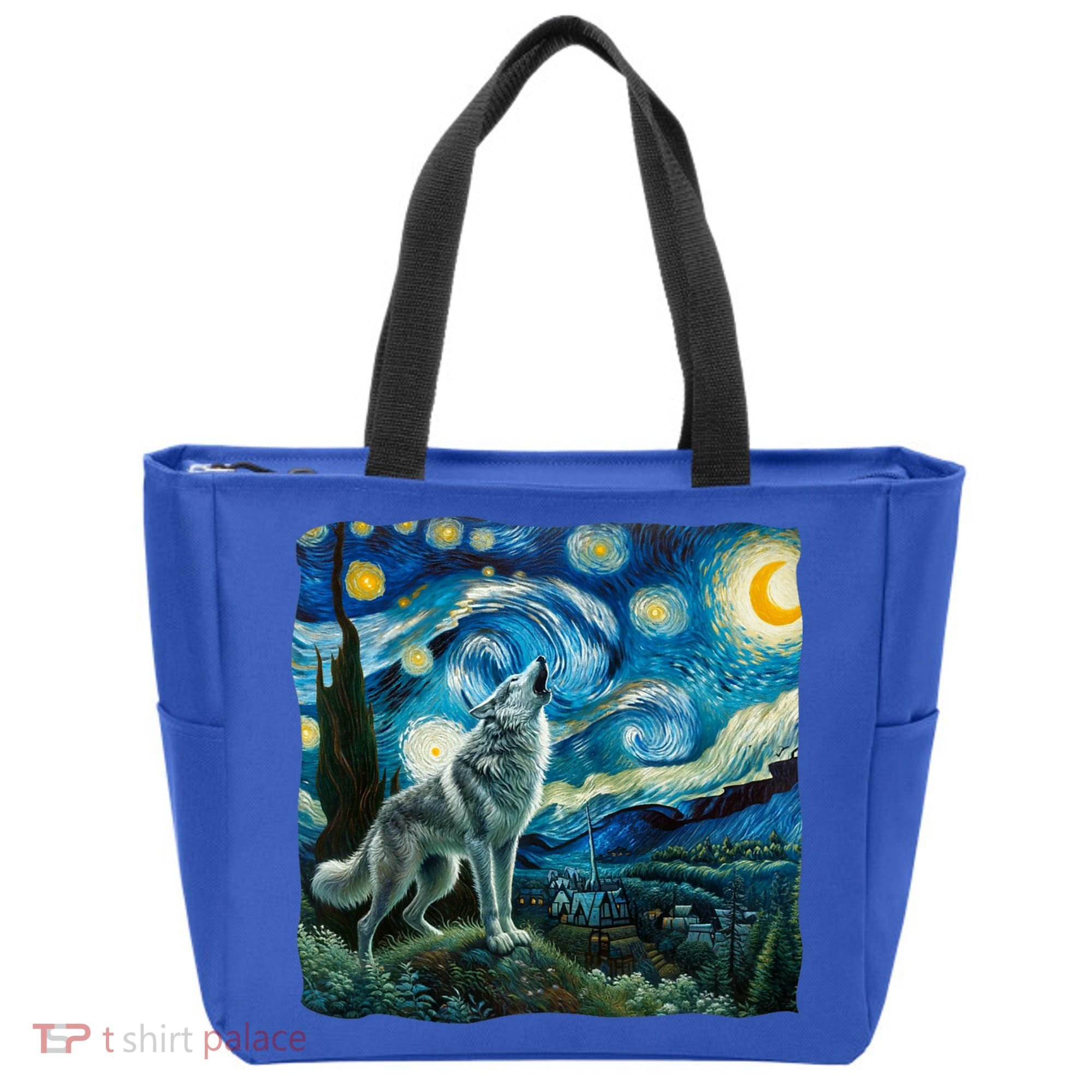 Wolf Starry Night Howling Moon Funny Gifts Van Gogh Tote Bag
