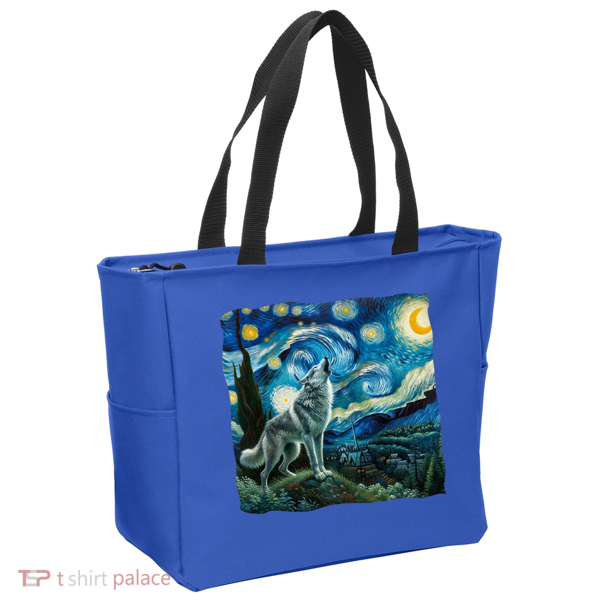 Wolf Starry Night Howling Moon Funny Gifts Van Gogh Tote Bag