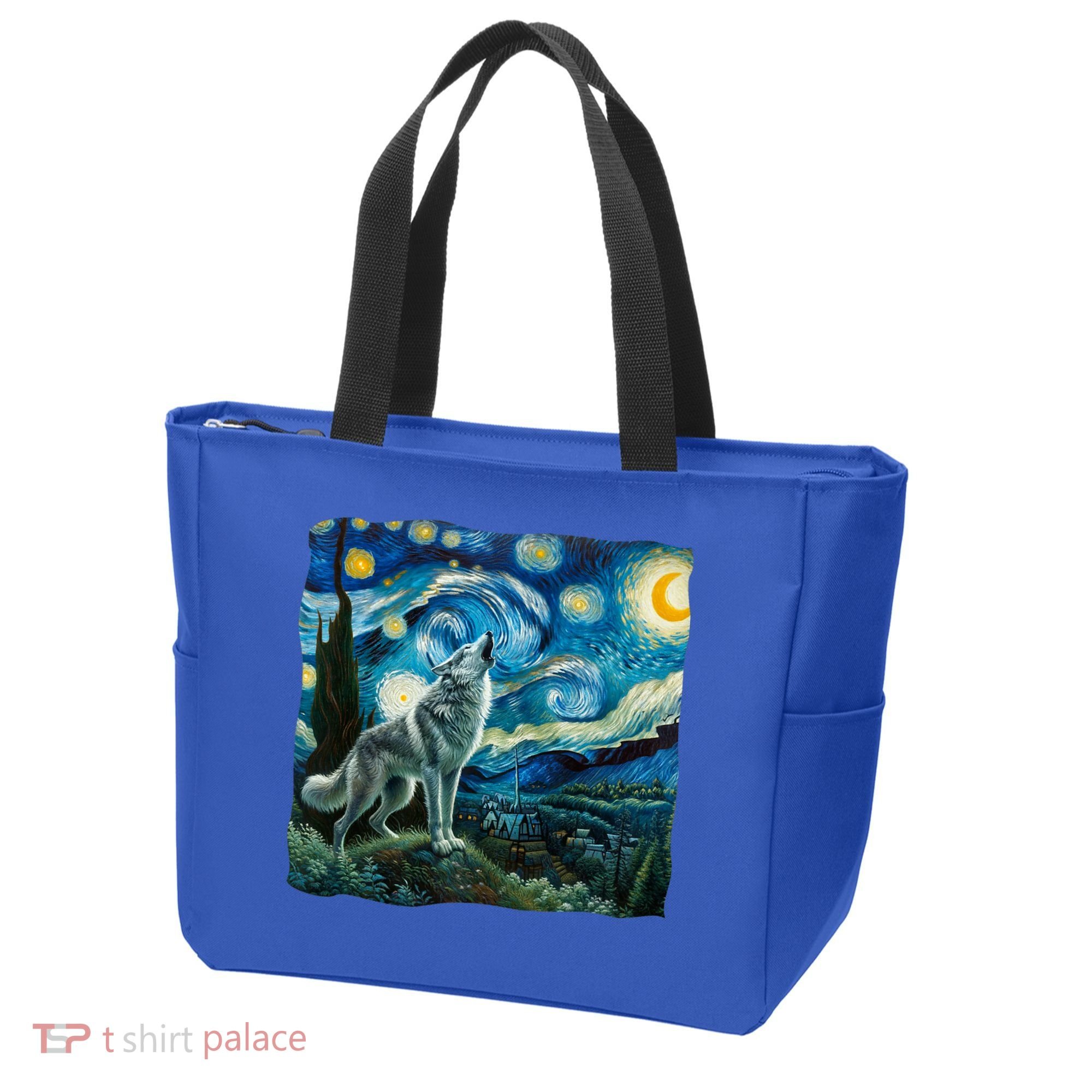 Wolf Starry Night Howling Moon Funny Gifts Van Gogh Tote Bag