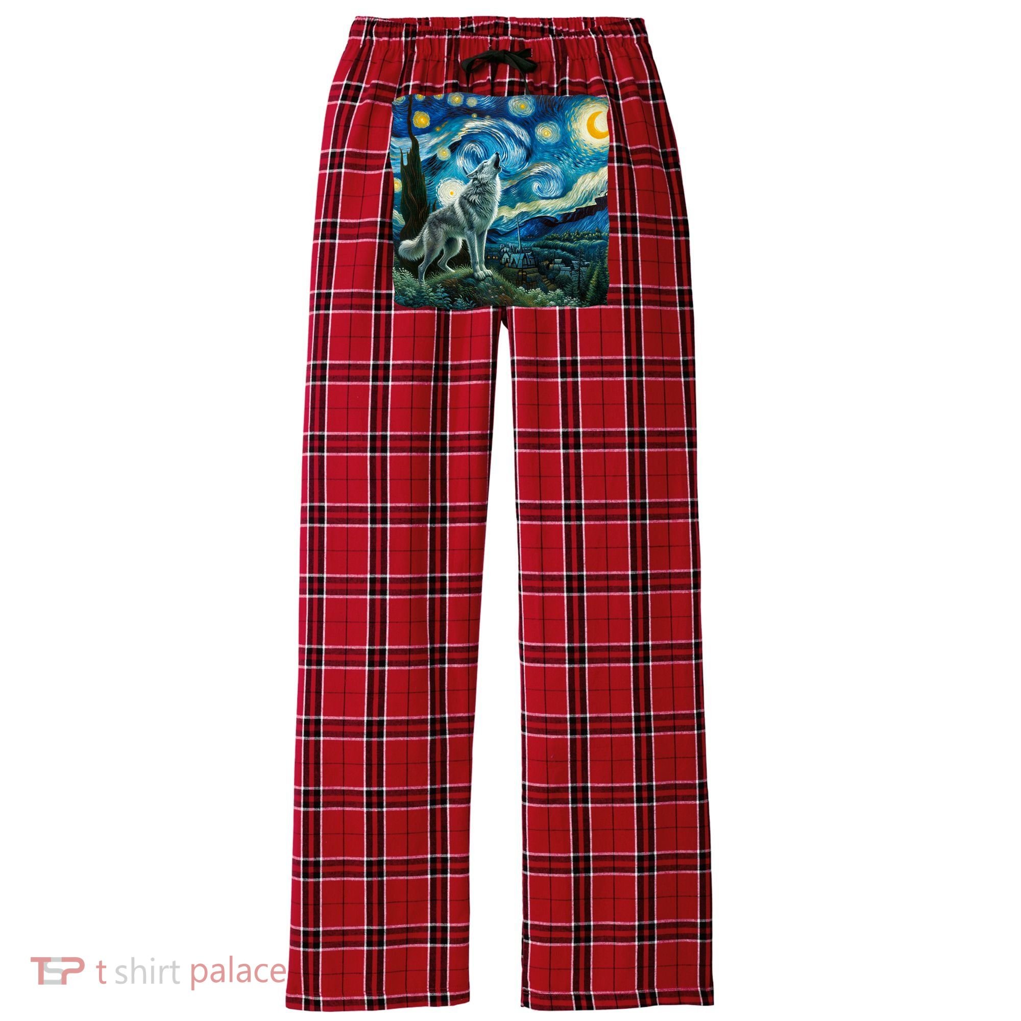 Wolf Starry Night Howling Moon Funny Gifts Van Gogh Women's Flannel Plaid Pajama Pants