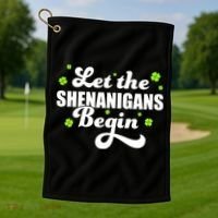 Womens St Patricks Day Let The Shenanigans Begin Shamrock Clover Golf Towel thumb 1