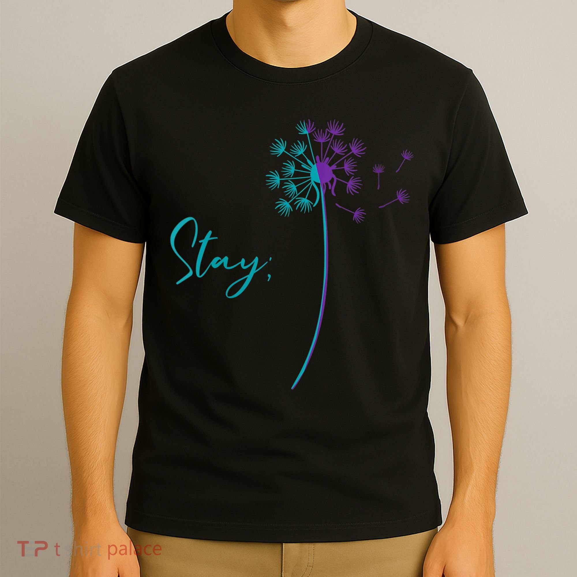 Wo Suicide Prevention Dandelion Teal and Purple Stay Semicolon T-Shirt