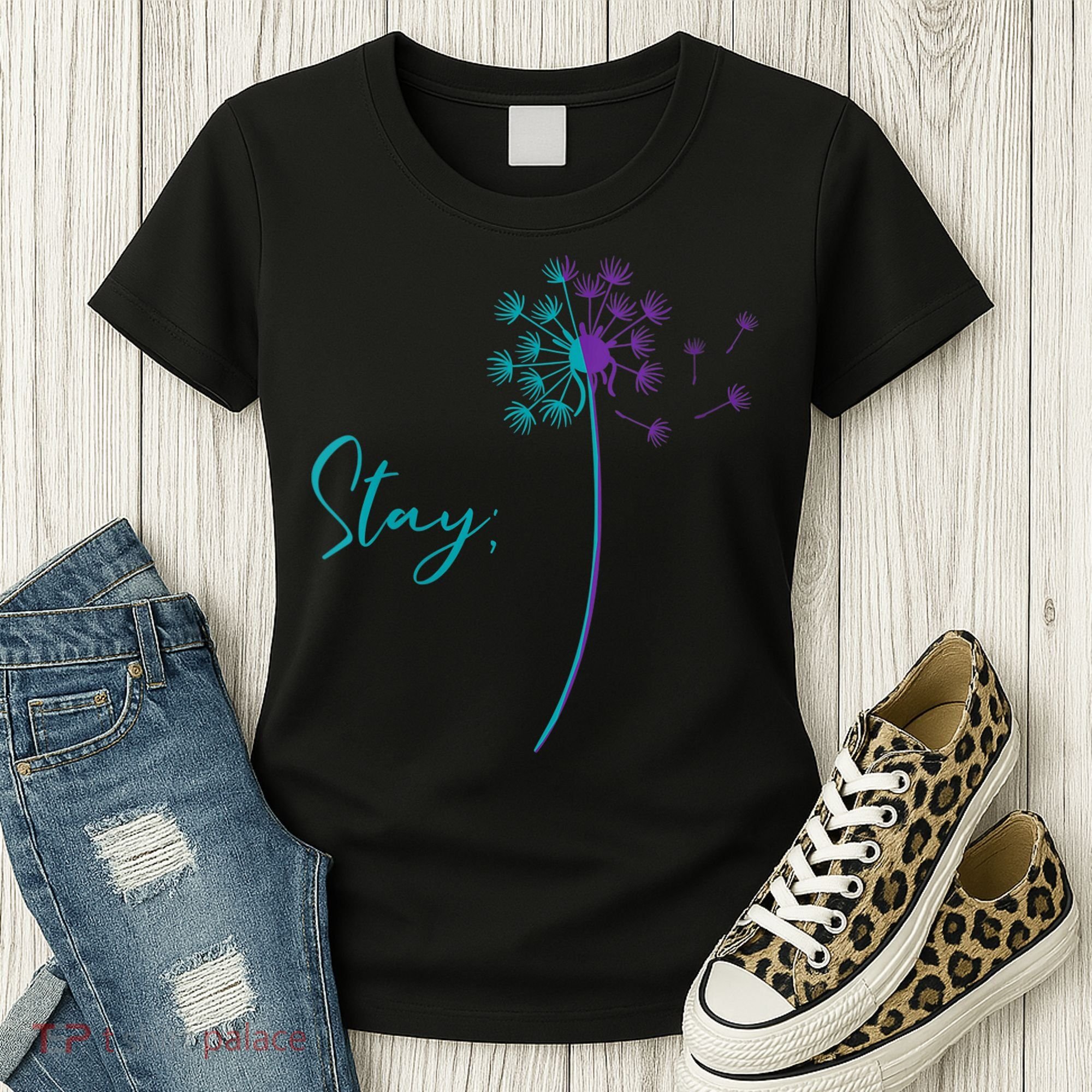 Wo Suicide Prevention Dandelion Teal and Purple Stay Semicolon Women's T-Shirt