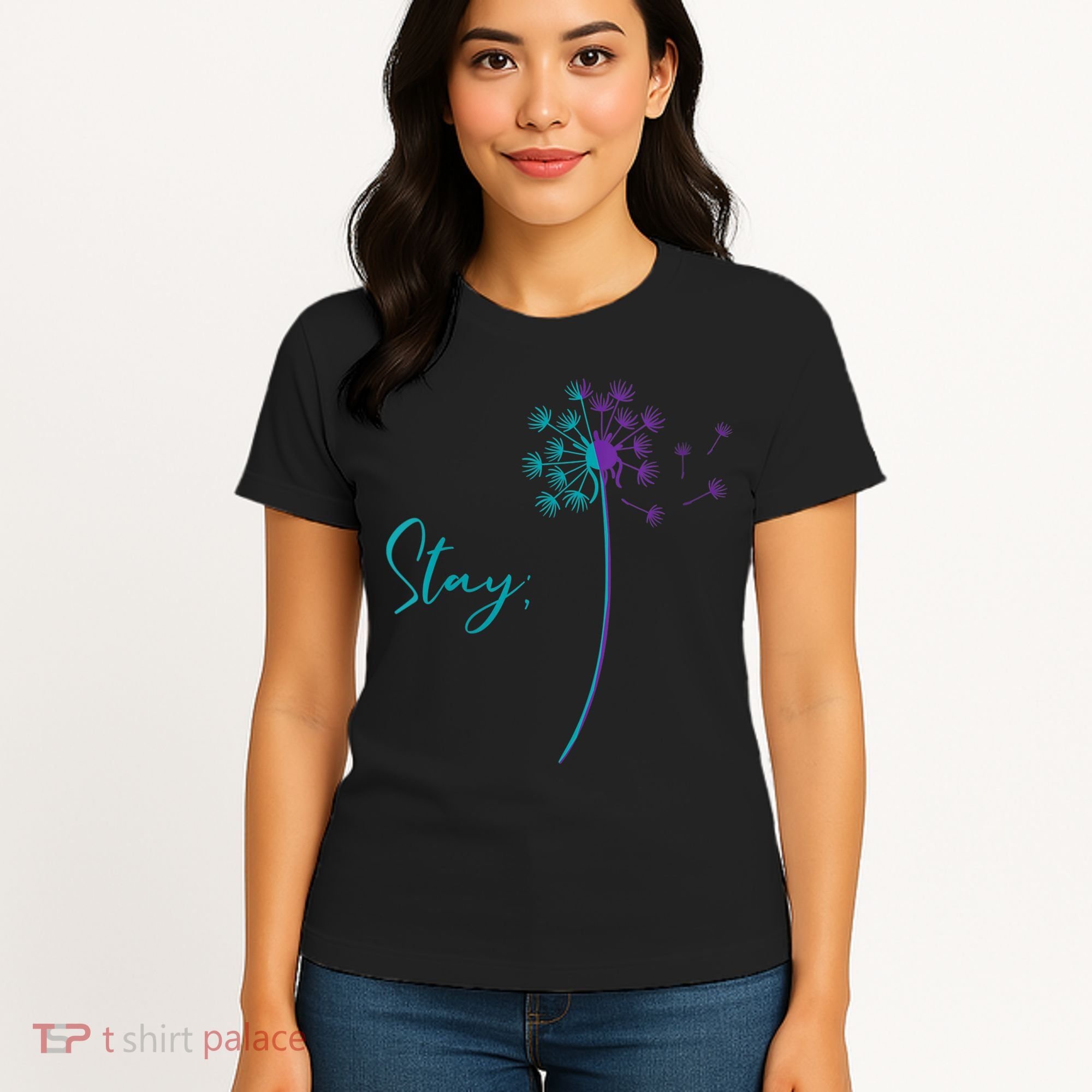 Wo Suicide Prevention Dandelion Teal and Purple Stay Semicolon Women's T-Shirt