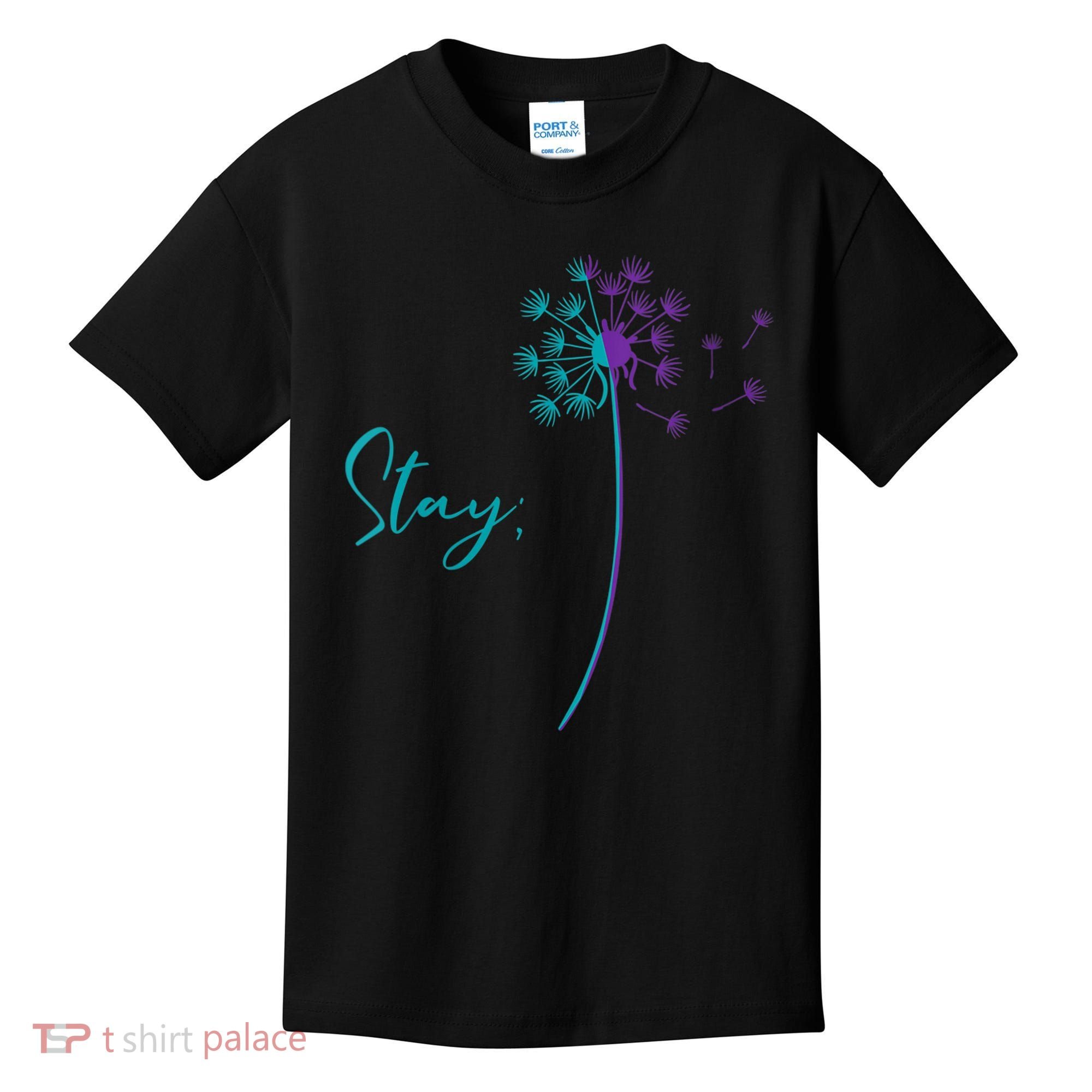 Wo Suicide Prevention Dandelion Teal and Purple Stay Semicolon Kids T-Shirt