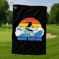 Wake Surfing Retro Sunset Golf Towel thumb 1