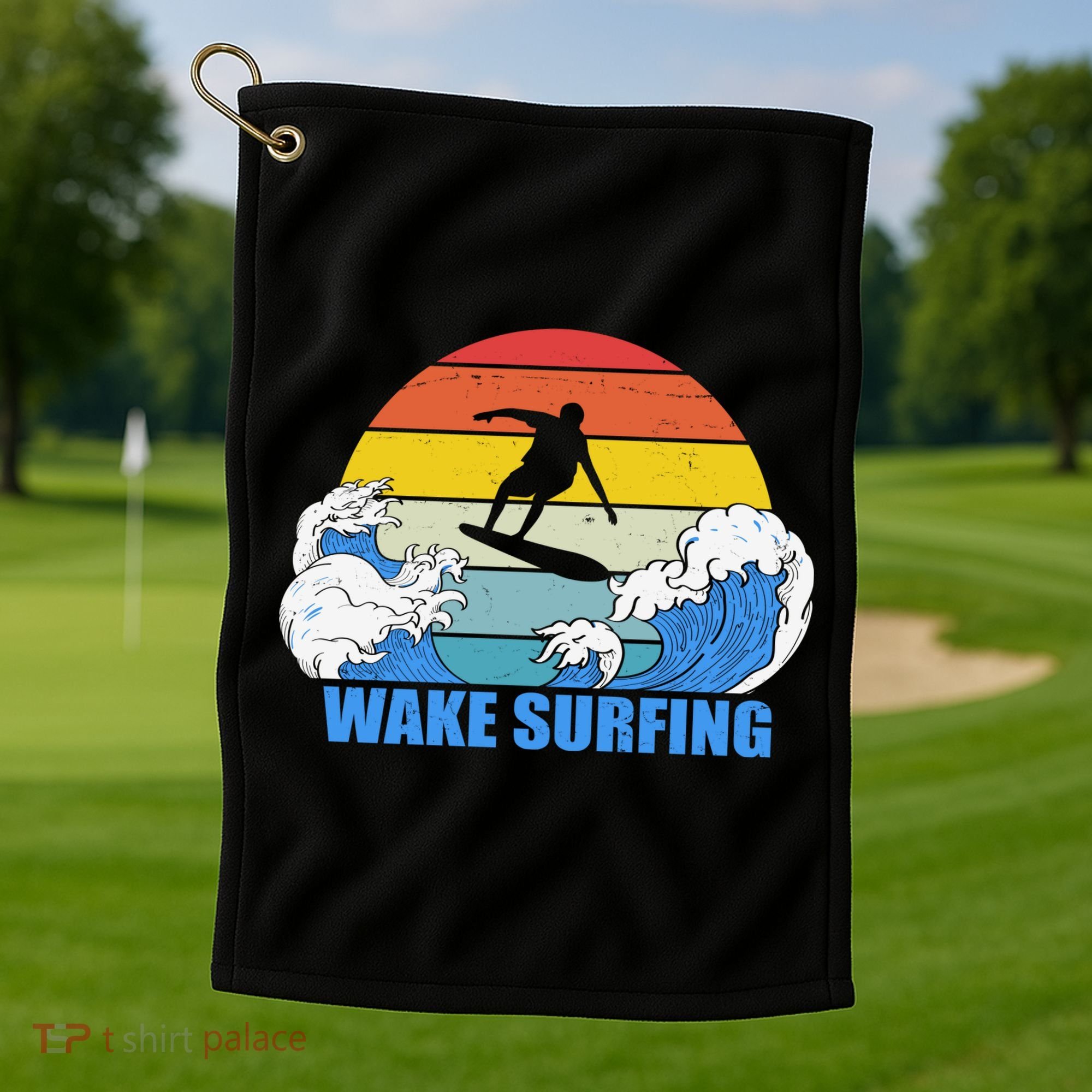Wake Surfing Retro Sunset Golf Towel