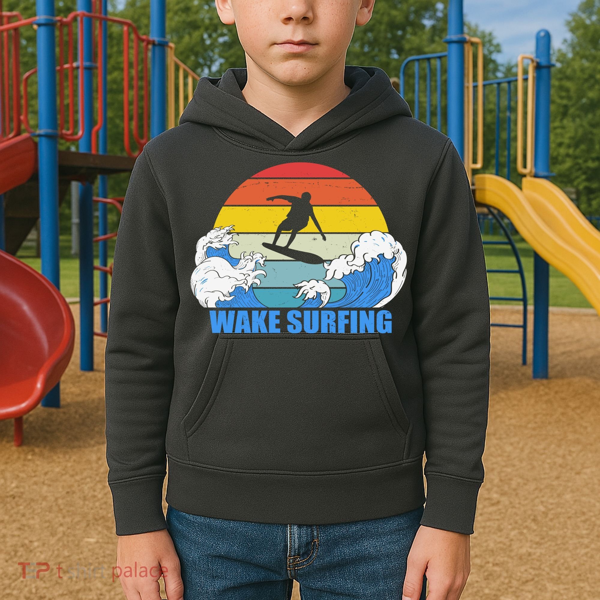 Wake Surfing Retro Sunset Kids Hoodie