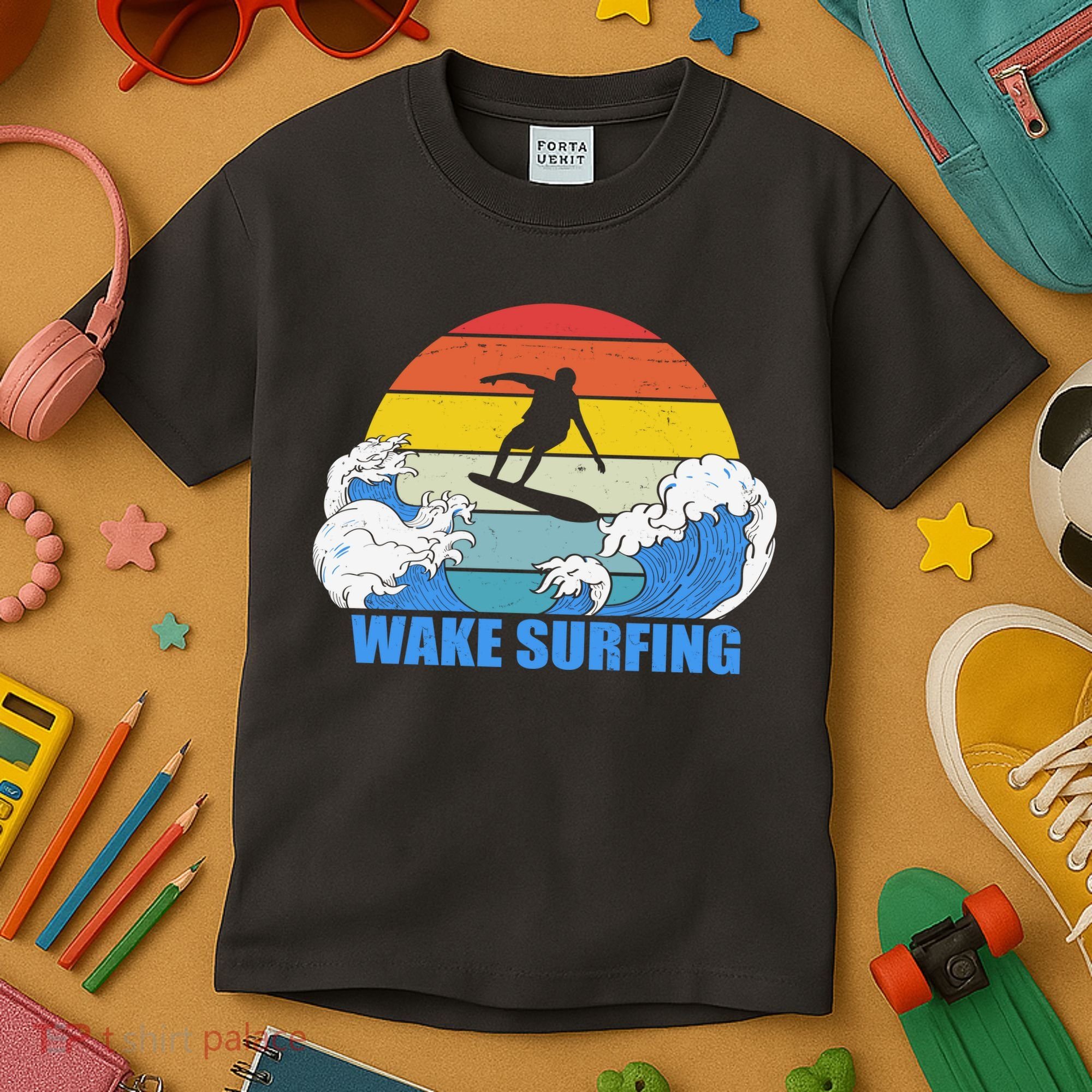 Wake Surfing Retro Sunset Kids T-Shirt