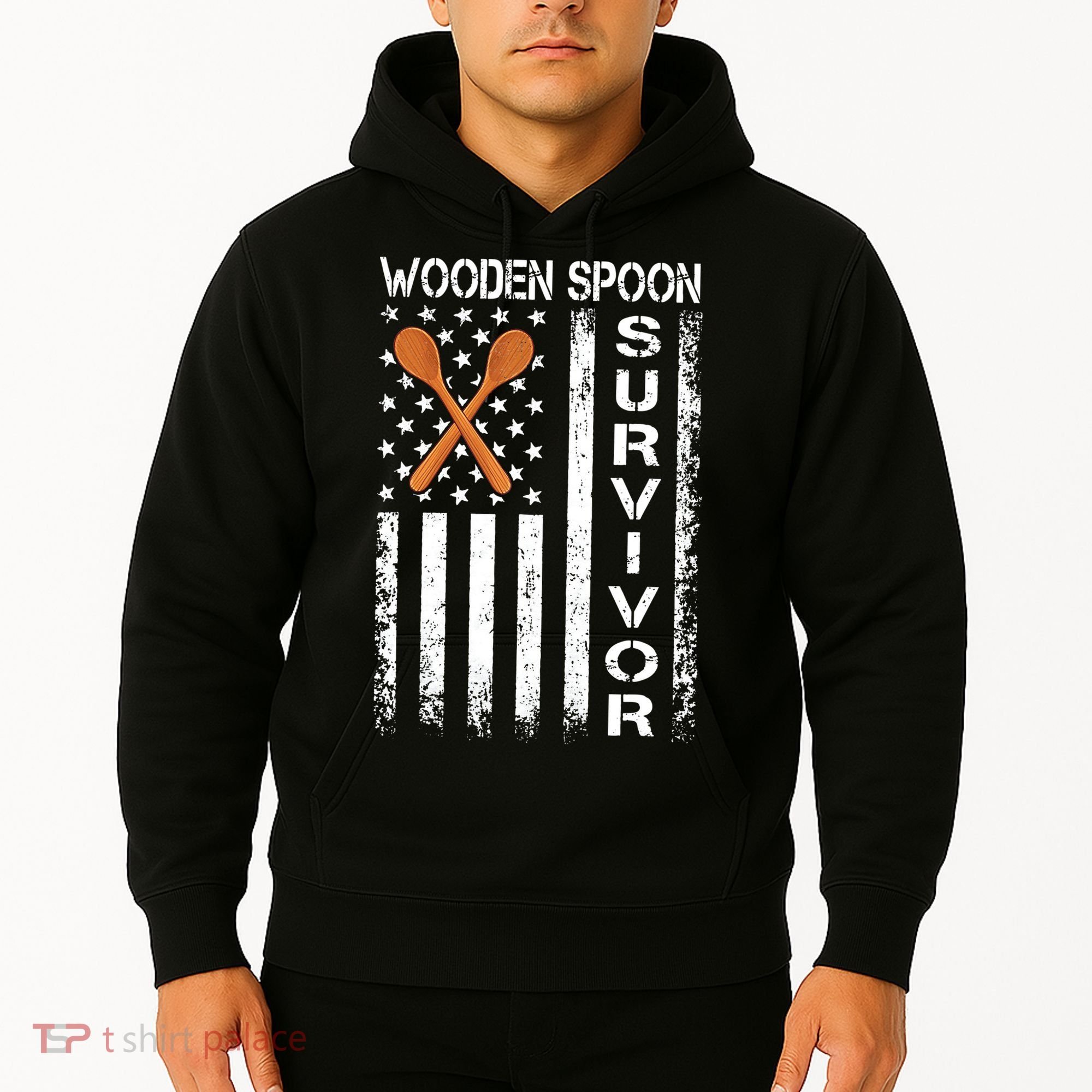 Wooden Spoon Survivor Humor Expression Funny Us Flag Hoodie