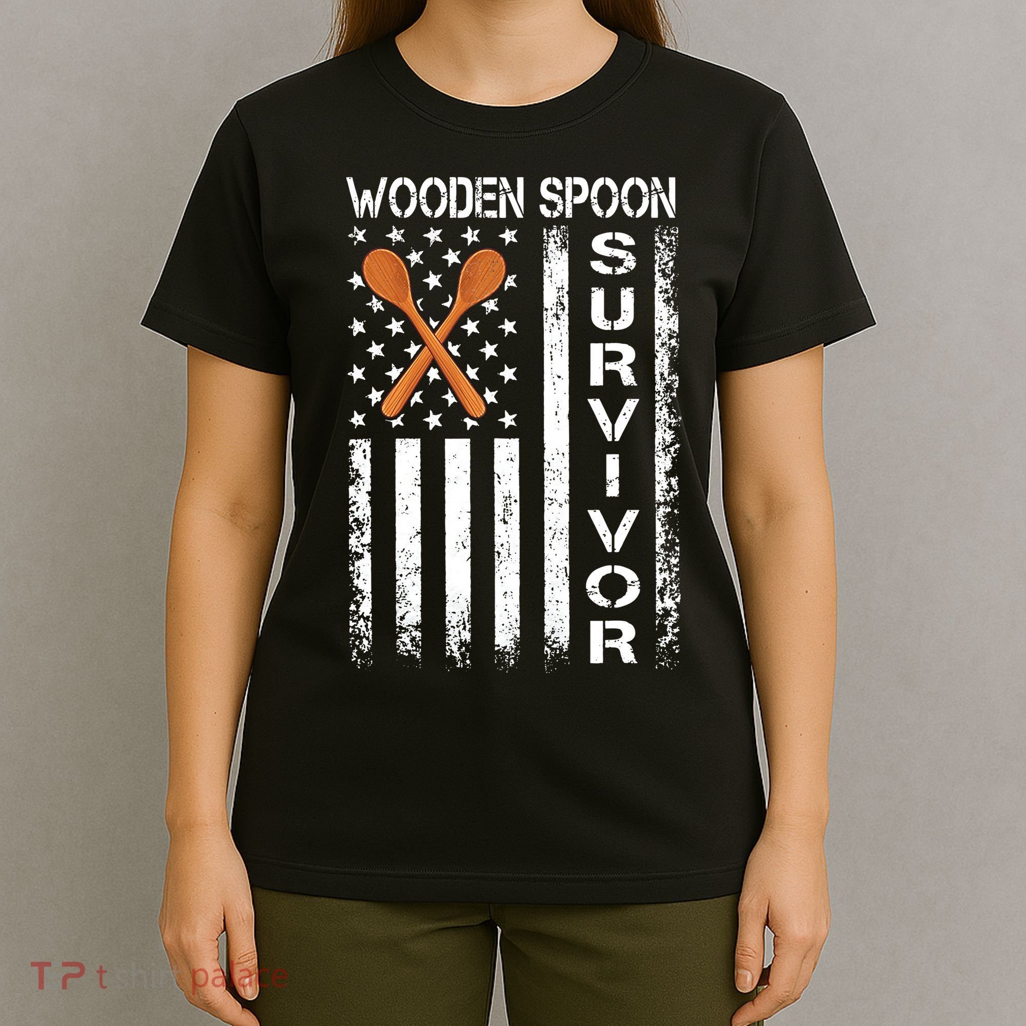 Wooden Spoon Survivor Humor Expression Funny Us Flag T-Shirt
