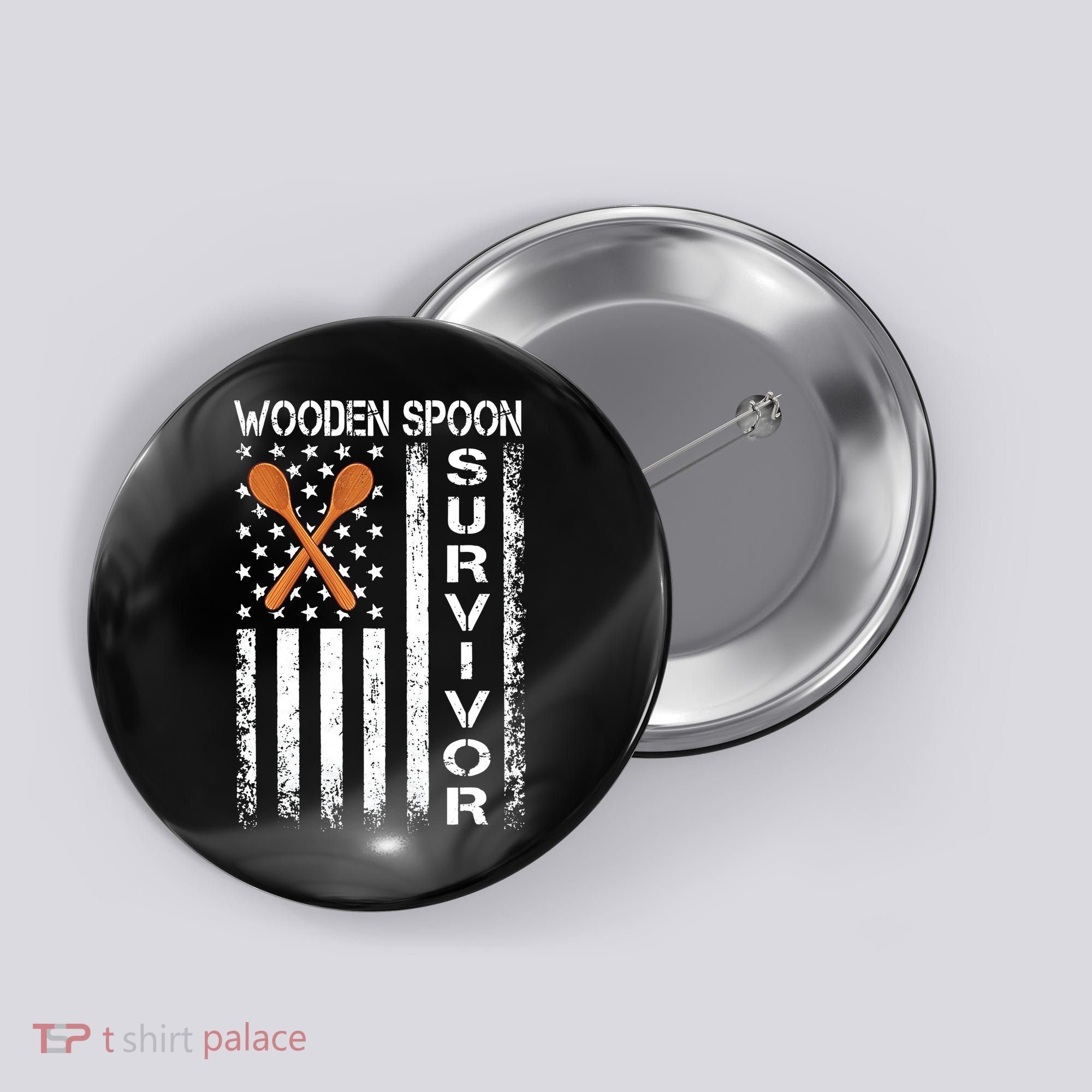 Wooden Spoon Survivor Humor Expression Funny Us Flag Button