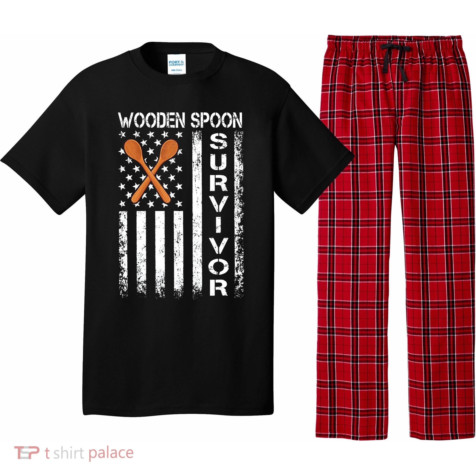 Wooden Spoon Survivor Humor Expression Funny Us Flag Pajama Set