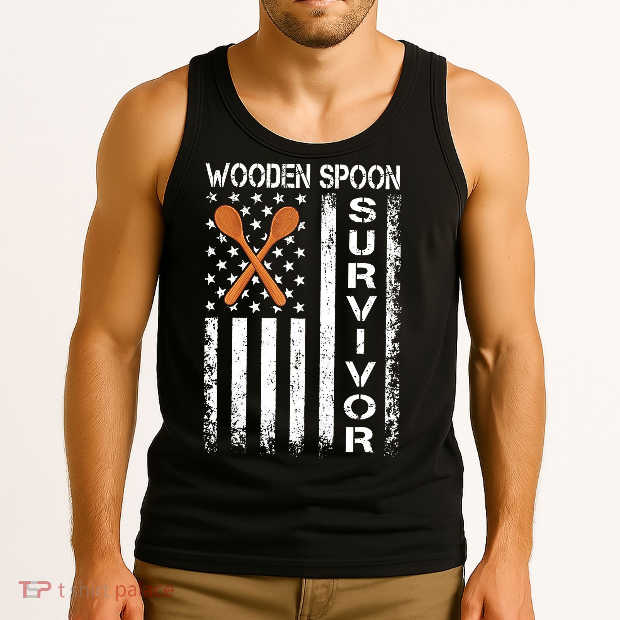 Wooden Spoon Survivor Humor Expression Funny Us Flag Tank Top