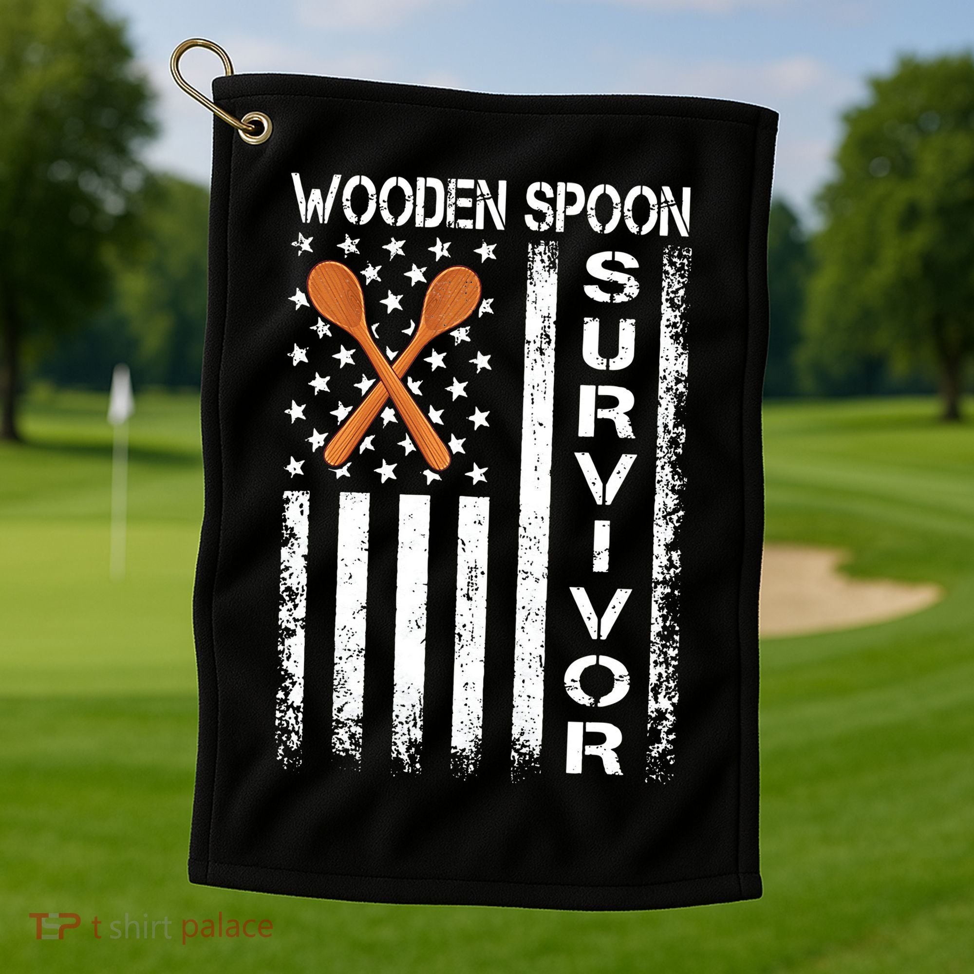 Wooden Spoon Survivor Humor Expression Funny Us Flag Golf Towel