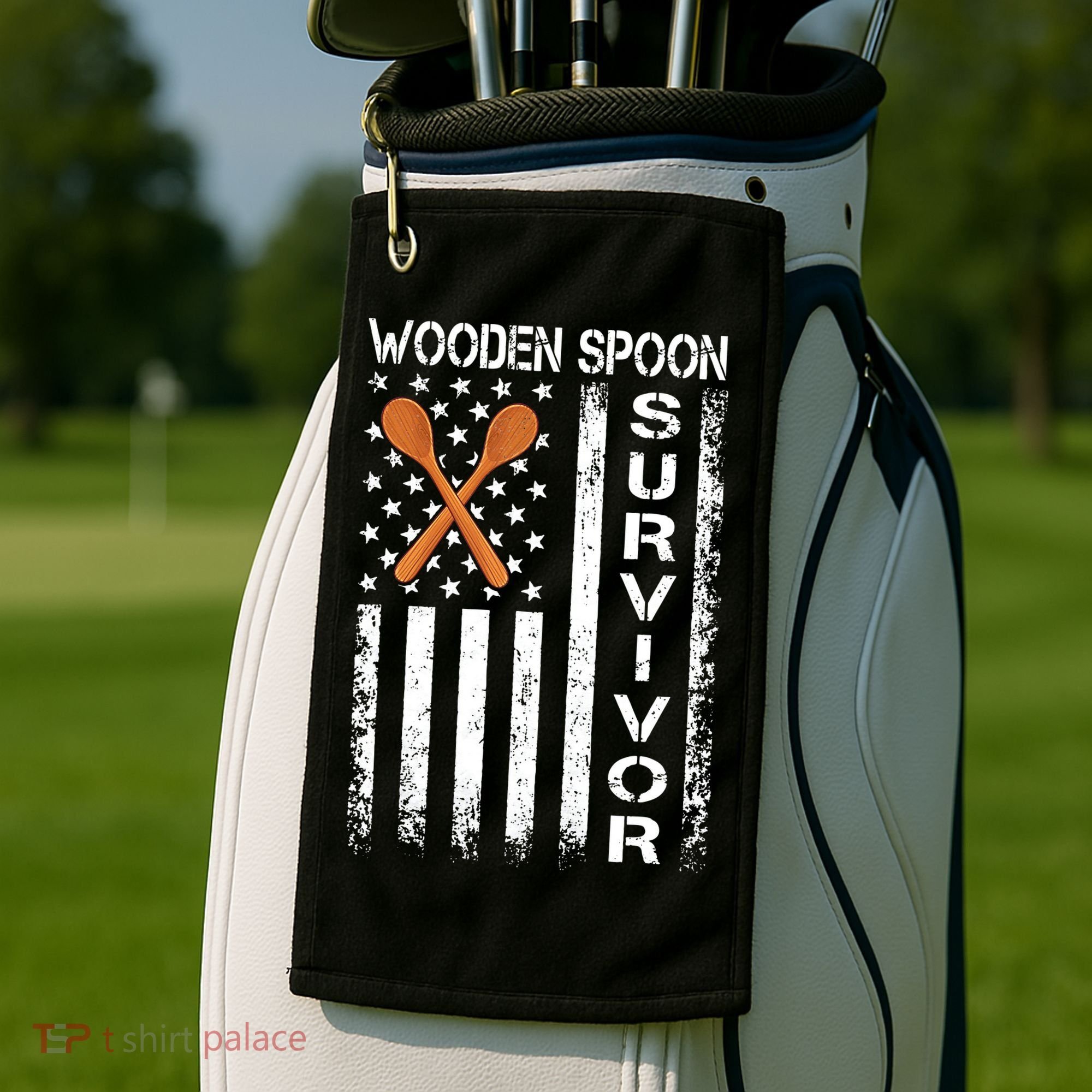 Wooden Spoon Survivor Humor Expression Funny Us Flag Golf Towel