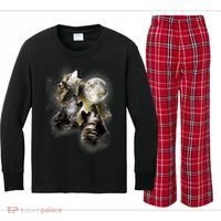 Wolf Shirt Three Wolves Moon Wolf Moon Kids Long Sleeve Plaid Pajama Set thumb 0