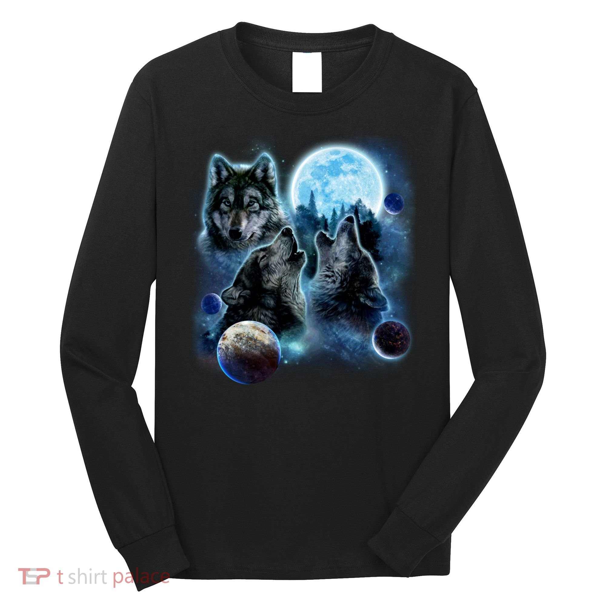 Wolf Shirt Three Wolves Moon Wolf Moon Long Sleeve Shirt