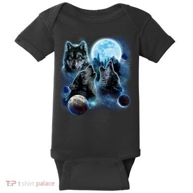 Wolf Shirt Three Wolves Moon Wolf Moon Baby Bodysuit