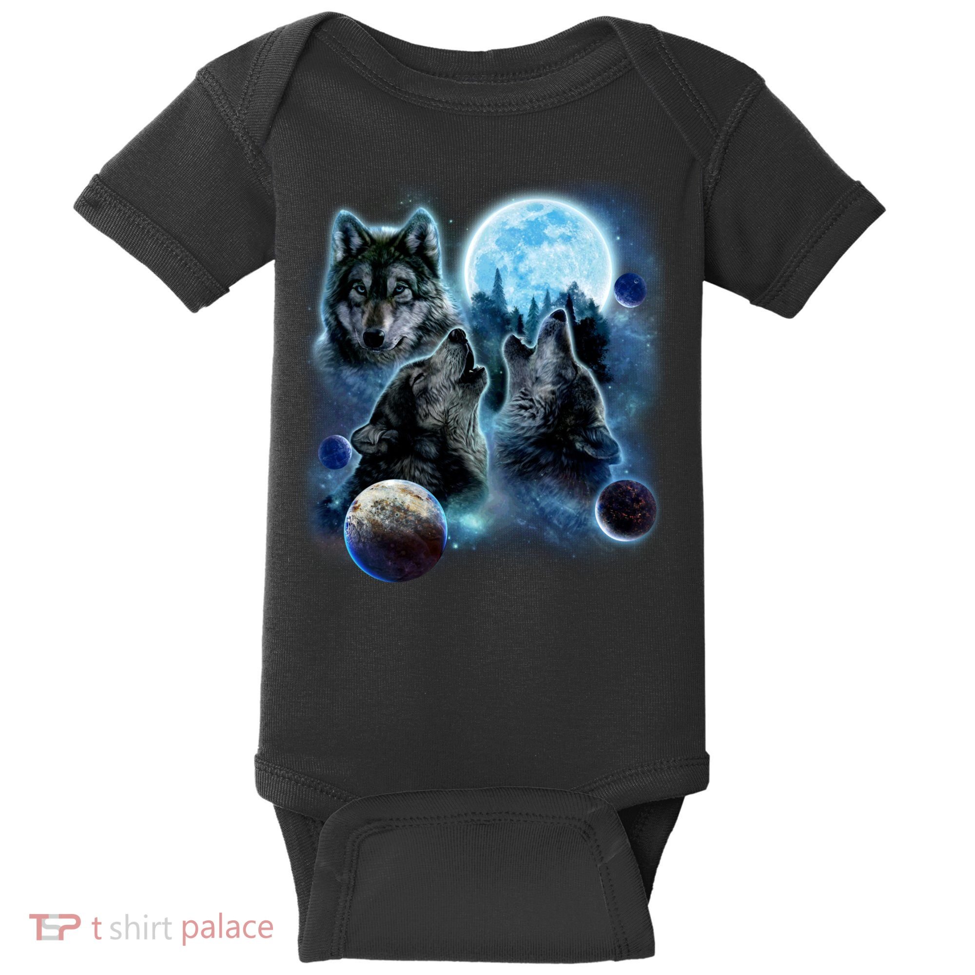 Wolf Shirt Three Wolves Moon Wolf Moon Baby Bodysuit