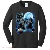 Wolf Shirt Three Wolves Moon Wolf Moon Kids Long Sleeve Shirt thumb 0