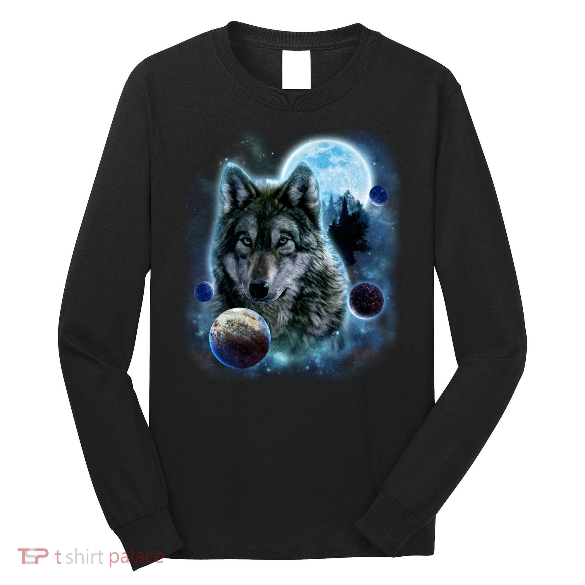 Wolf Shirt Three Wolves Moon Wolf Moon Long Sleeve Shirt