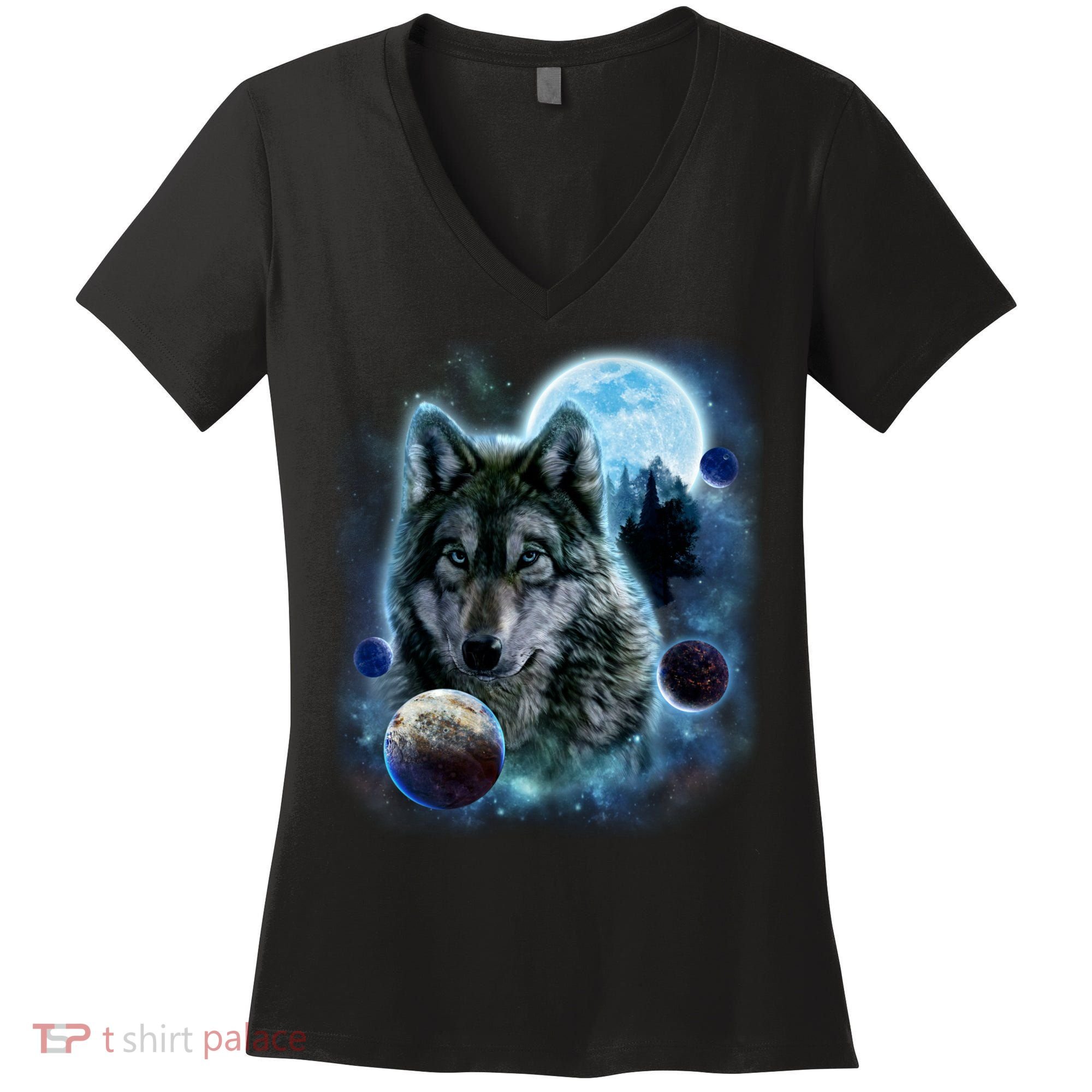 Wolf Shirt Three Wolves Moon Wolf Moon Women's V-Neck T-Shirt