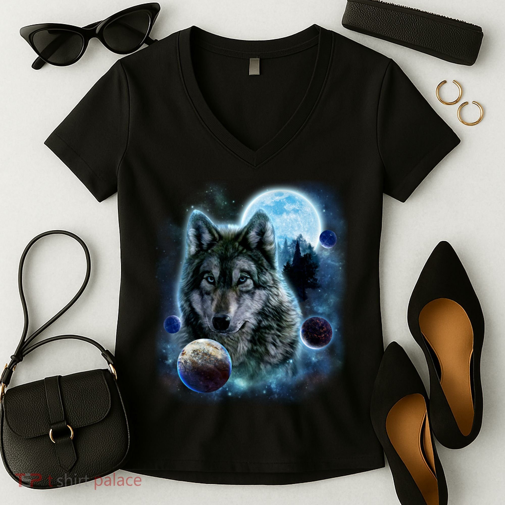 Wolf Shirt Three Wolves Moon Wolf Moon Women's V-Neck T-Shirt