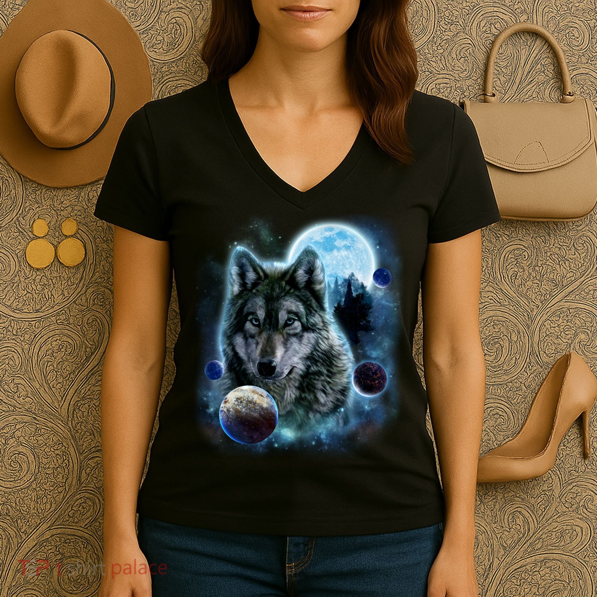 Wolf Shirt Three Wolves Moon Wolf Moon Women's V-Neck T-Shirt