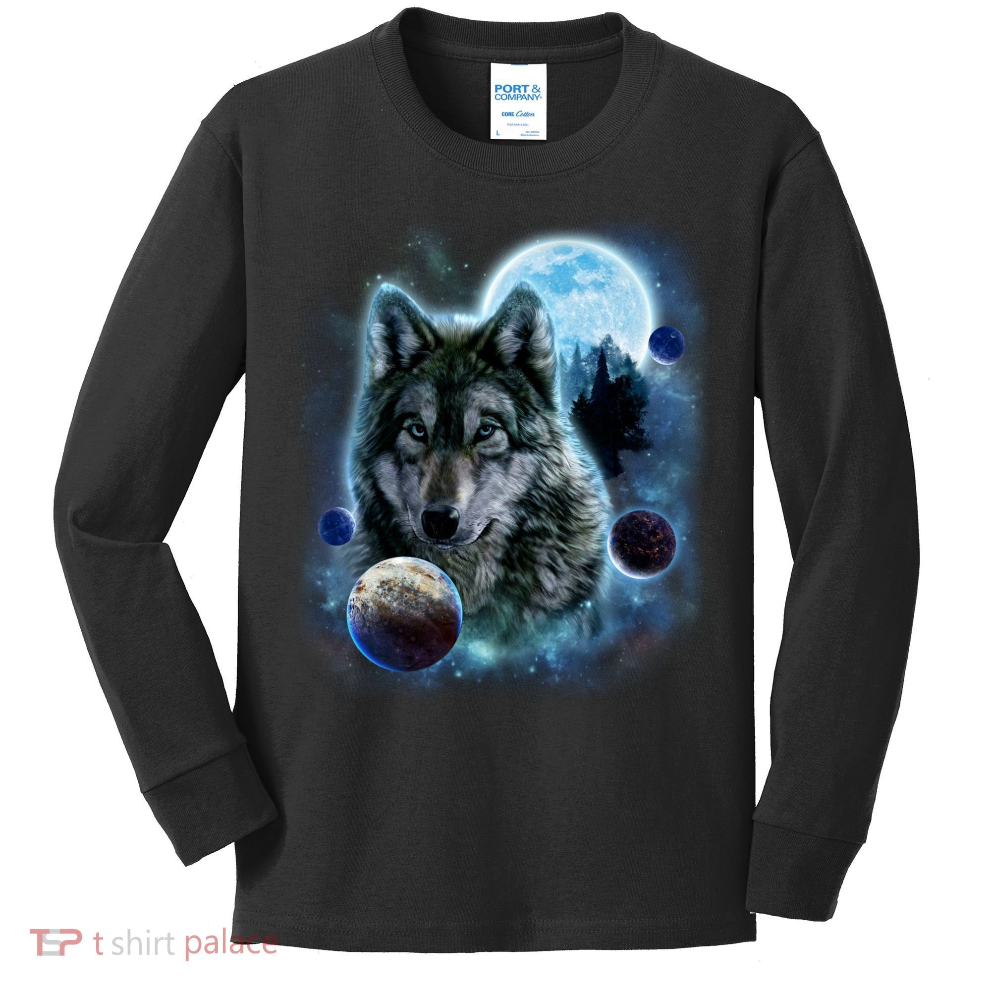Wolf Shirt Three Wolves Moon Wolf Moon Kids Long Sleeve Shirt