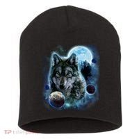 Wolf Shirt Three Wolves Moon Wolf Moon Short Acrylic Beanie thumb 0
