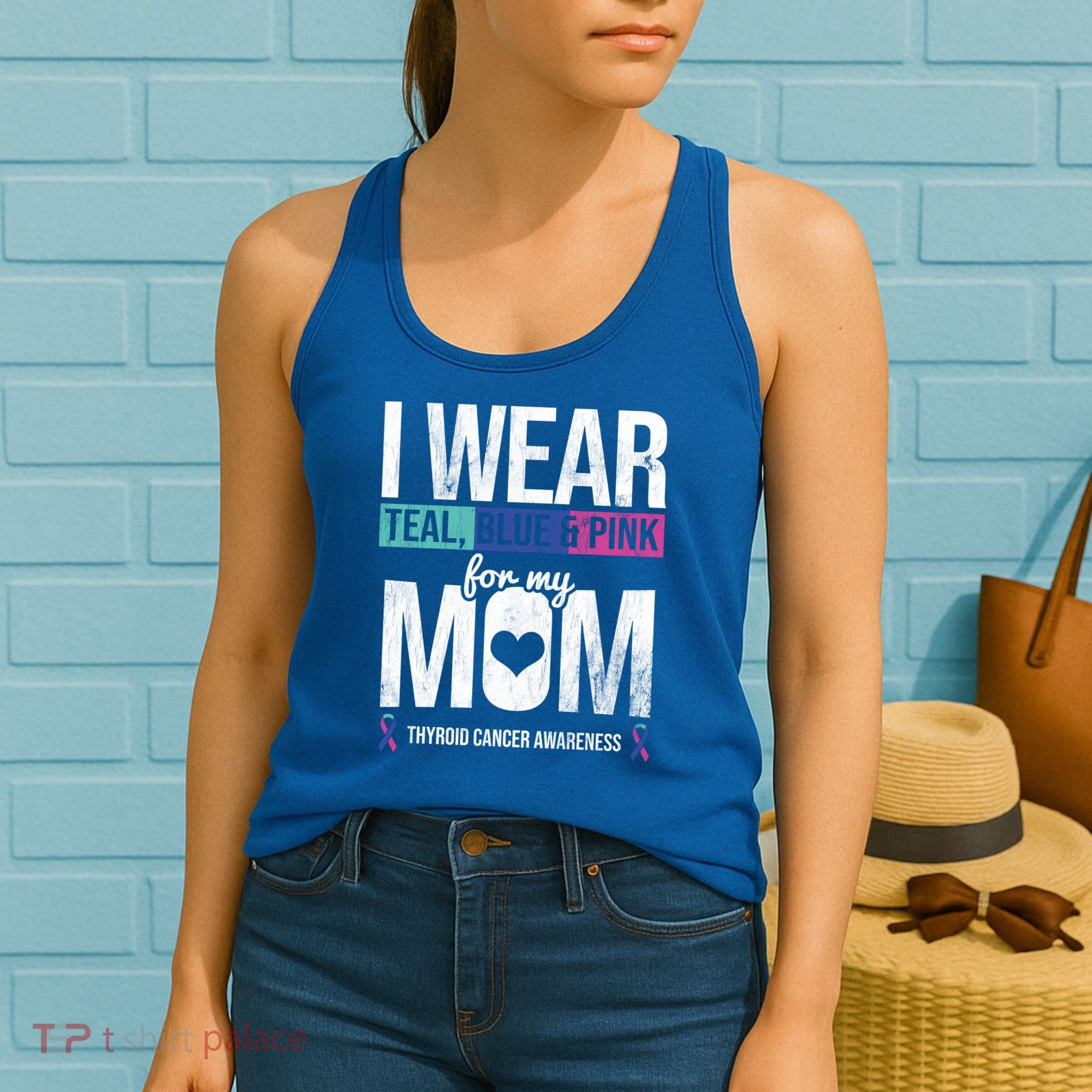 Wear Teal Blue Pink For Mom Thyroid Cancer Awareness Ribbon Gift Women's Tank Top