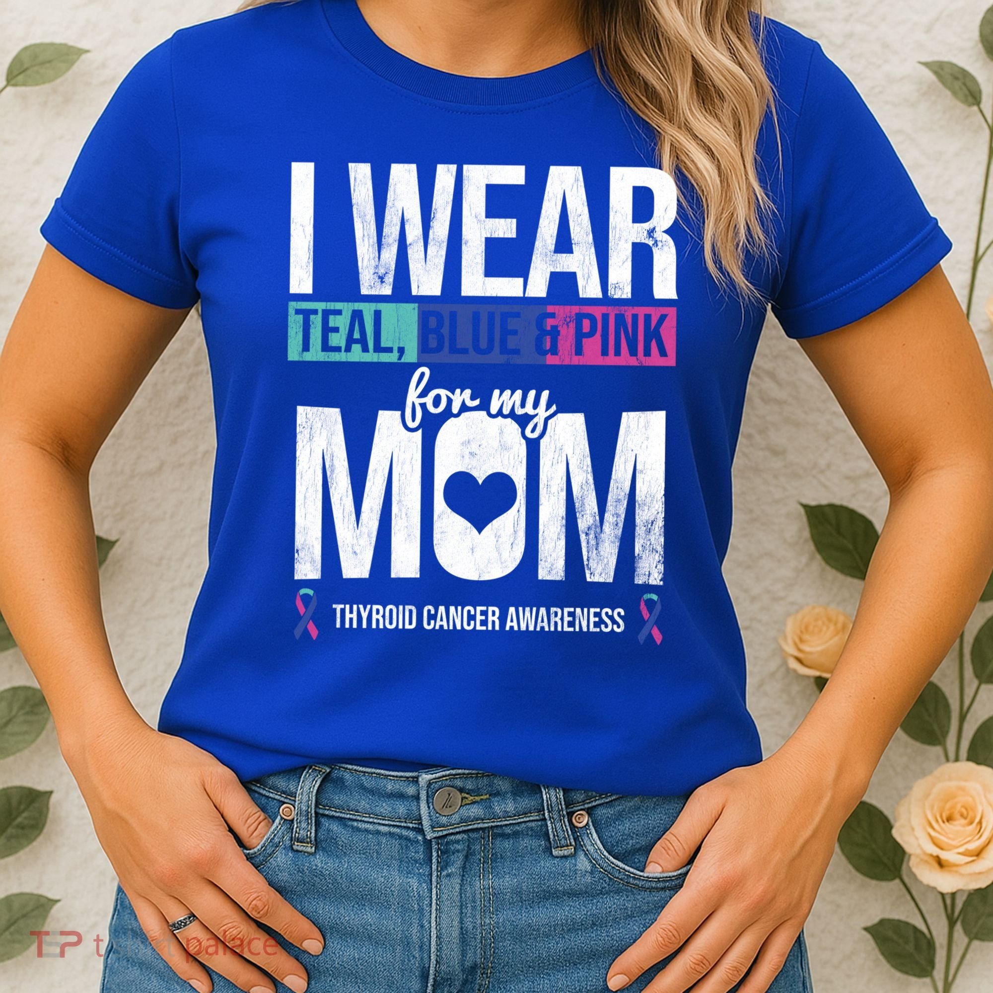 Wear Teal Blue Pink For Mom Thyroid Cancer Awareness Ribbon Gift Women's T-Shirt