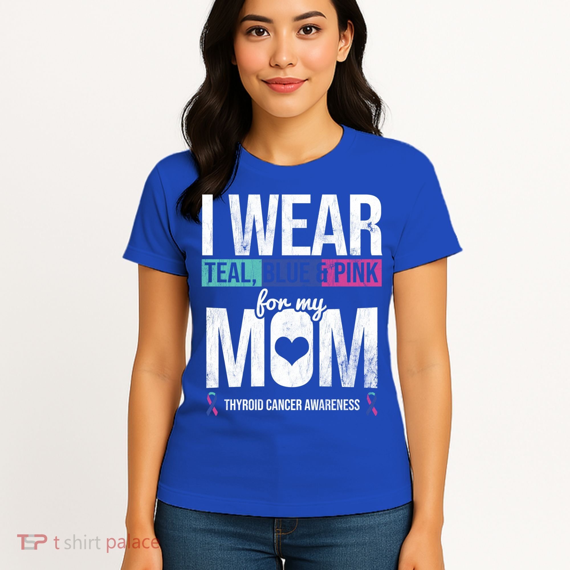 Wear Teal Blue Pink For Mom Thyroid Cancer Awareness Ribbon Gift Women's T-Shirt