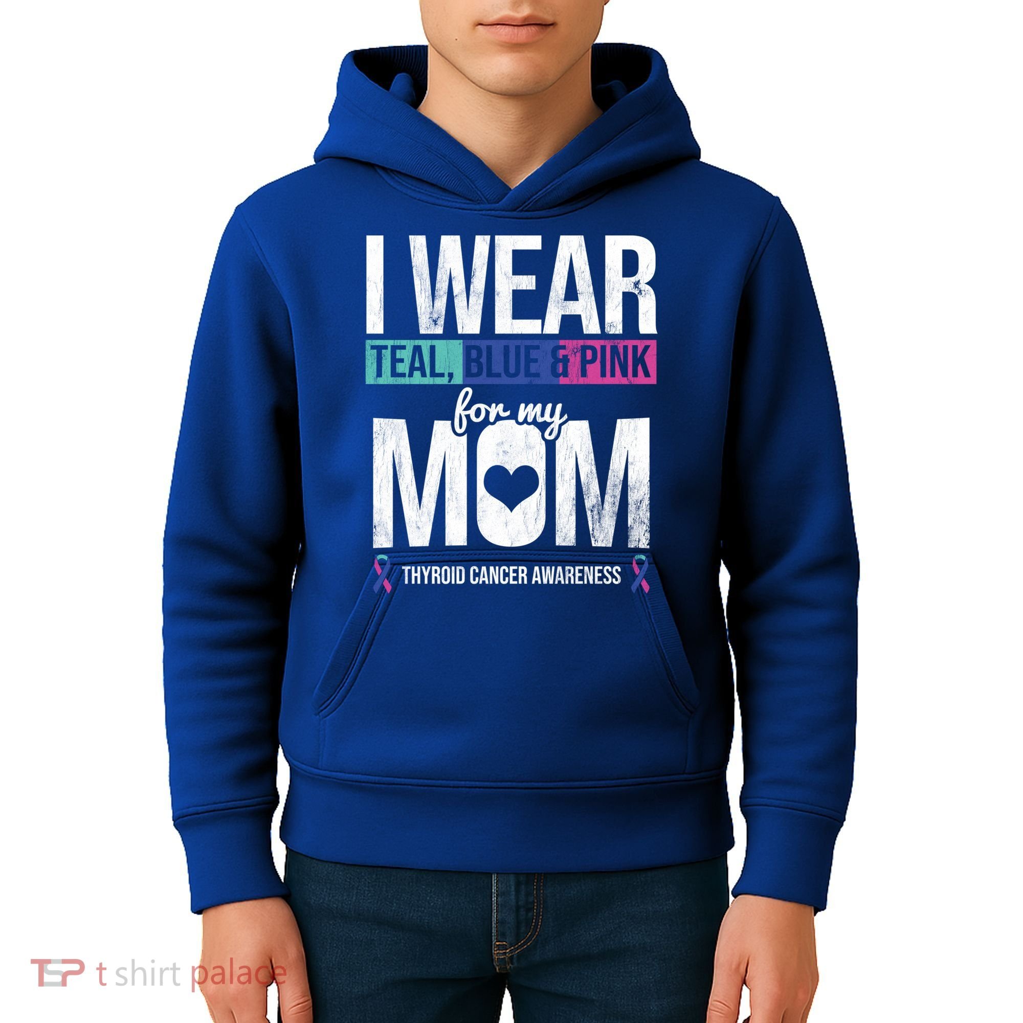Wear Teal Blue Pink For Mom Thyroid Cancer Awareness Ribbon Gift Kids Hoodie