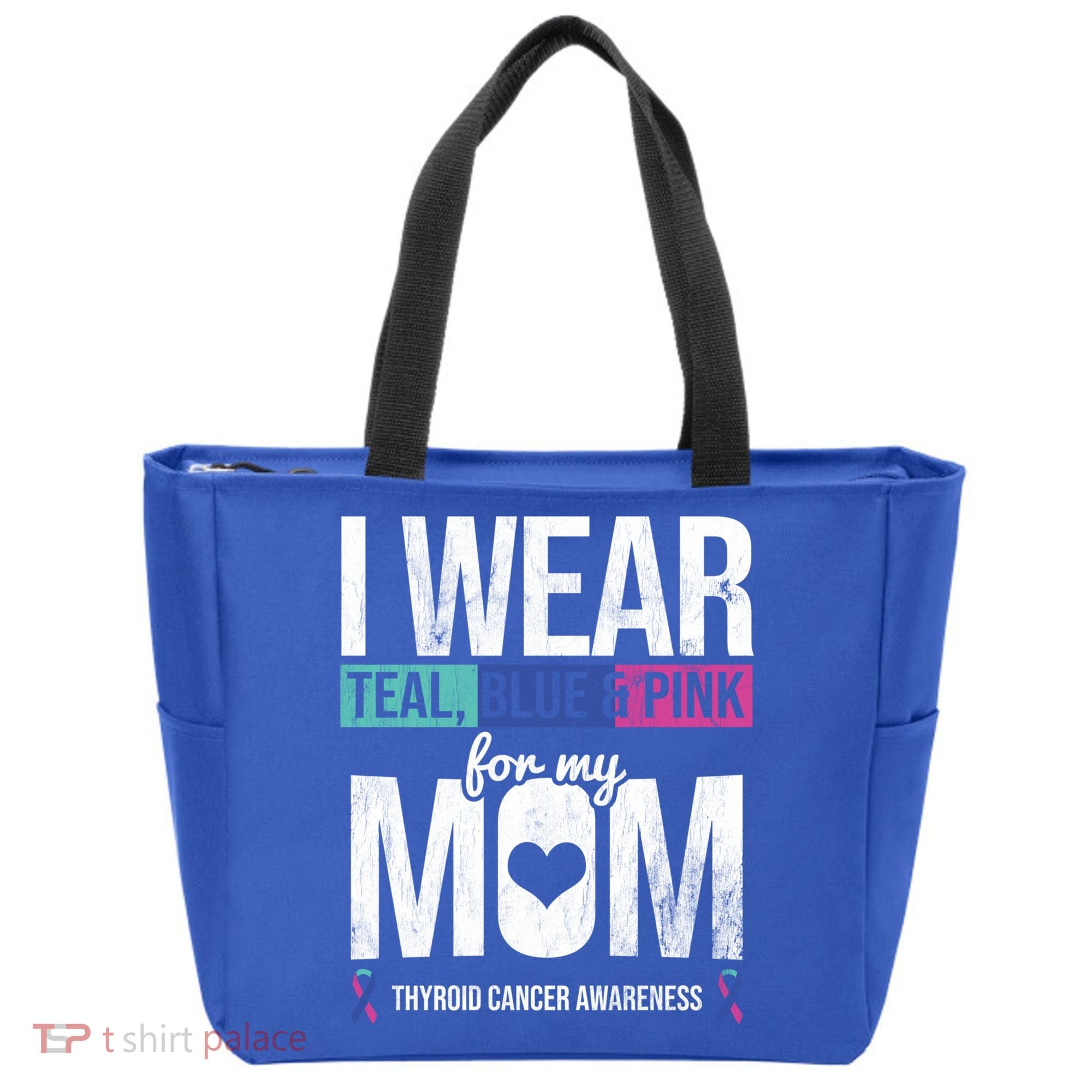 Wear Teal Blue Pink For Mom Thyroid Cancer Awareness Ribbon Gift Tote Bag