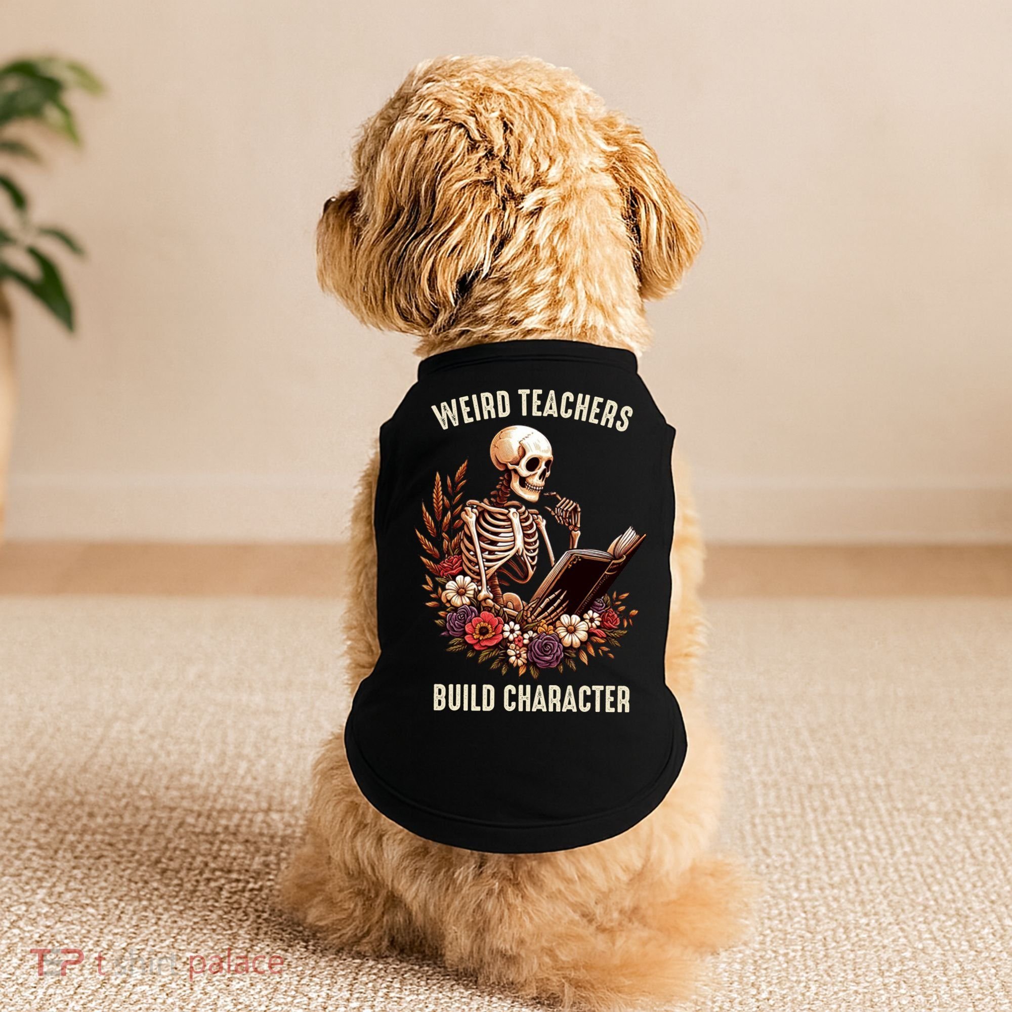 Wierd Teachers Build Charcter Funny Skeleton Book Floral Halloween Doggie Tank