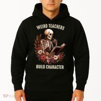 Wierd Teachers Build Charcter Funny Skeleton Book Floral Halloween Hoodie thumb 2