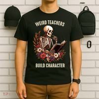 Wierd Teachers Build Charcter Funny Skeleton Book Floral Halloween T-Shirt thumb 6