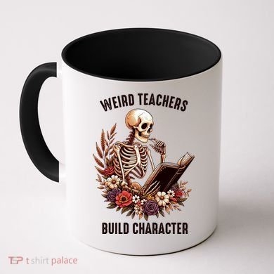 Wierd Teachers Build Charcter Funny Skeleton Book Floral Halloween Coffee Mug