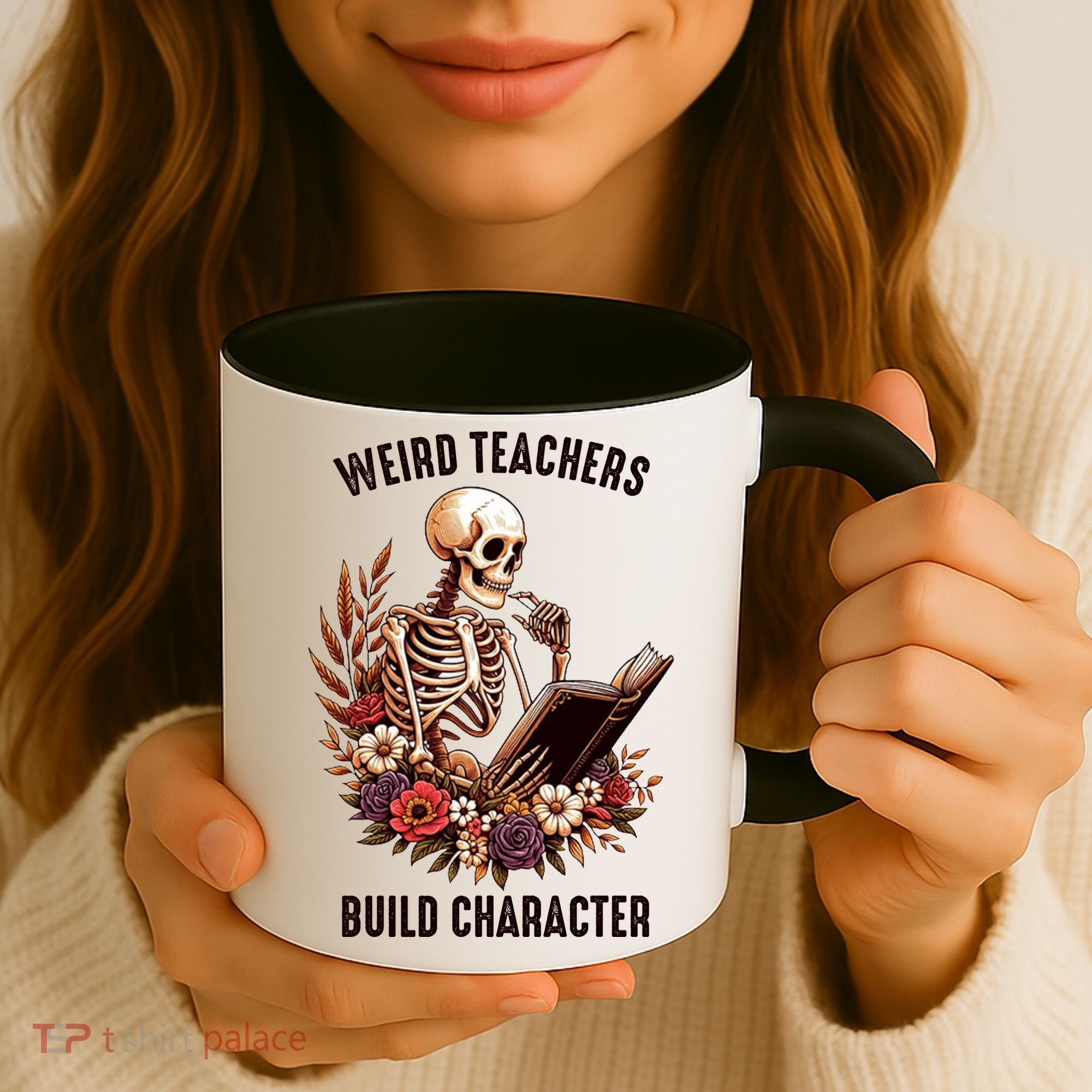 Wierd Teachers Build Charcter Funny Skeleton Book Floral Halloween Coffee Mug
