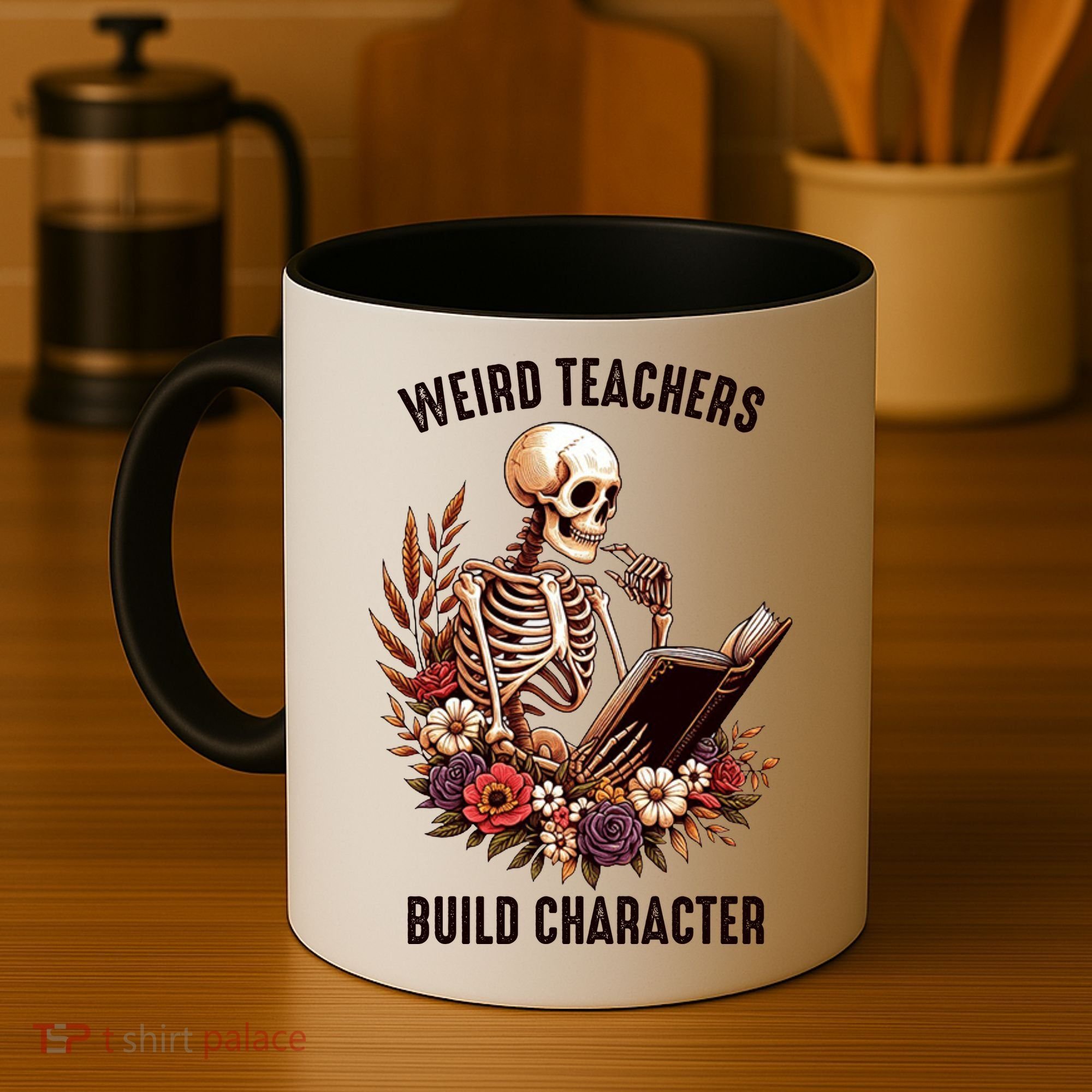 Wierd Teachers Build Charcter Funny Skeleton Book Floral Halloween Coffee Mug