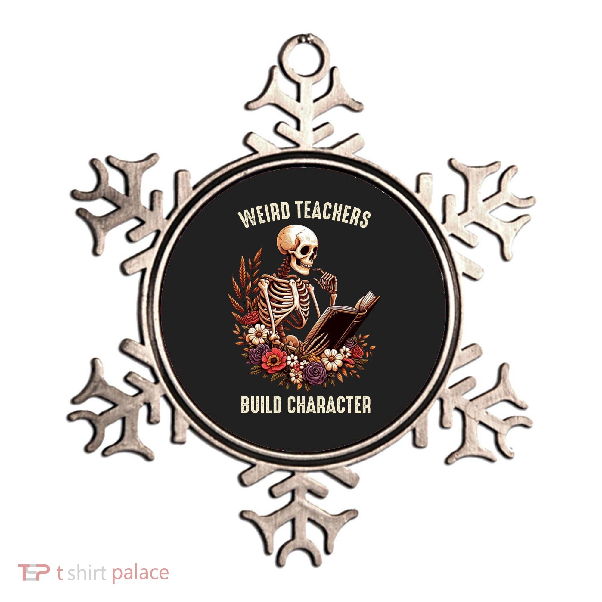 Wierd Teachers Build Charcter Funny Skeleton Book Floral Halloween Ornament
