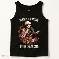 Wierd Teachers Build Charcter Funny Skeleton Book Floral Halloween Tank Top thumb 2