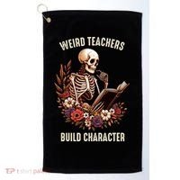 Wierd Teachers Build Charcter Funny Skeleton Book Floral Halloween Golf Towel thumb 0