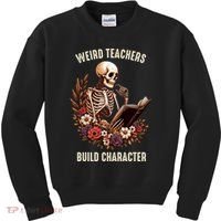 Wierd Teachers Build Charcter Funny Skeleton Book Floral Halloween Kids Sweatshirt thumb 0