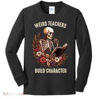 Wierd Teachers Build Charcter Funny Skeleton Book Floral Halloween Kids Long Sleeve Shirt thumb 0